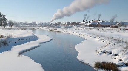 Wall Mural - Snowy river, winter village, factory smoke, calm