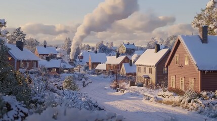 Wall Mural - Snowy village sunrise, smoke plume, winter wonderland, holiday card