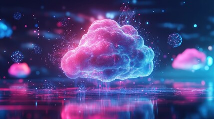 Wall Mural - Digital Cloud Computing,  Abstract Network Data, Neon Glow, Futuristic Technology Concept