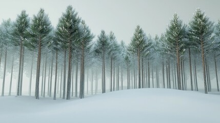 Wall Mural - Snowy pine forest, foggy winter landscape, serene scene, winter wonderland background