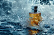 © SuzeO - luxury perfume advertisement, high-quality luxury perfume presented amidst water waves for product promotion