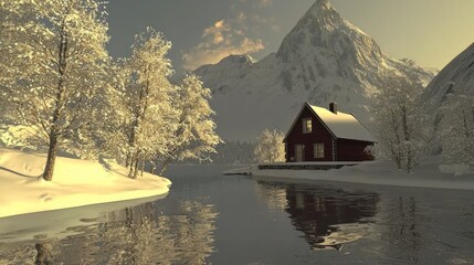 Wall Mural - Snowy cabin by tranquil lake, mountain backdrop, winter wonderland