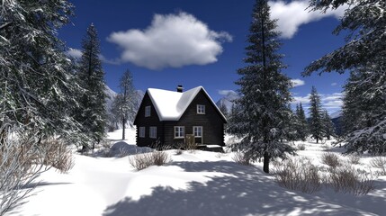 Wall Mural - Snowy cabin winter forest landscape, mountains background, postcard