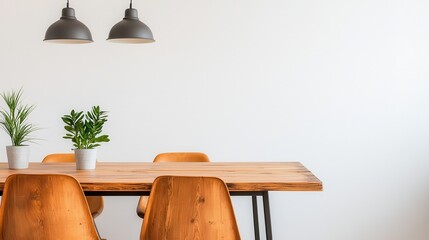 Wall Mural - Eco-friendly boho with rustic interiors . Modern dining area with wooden table and greenery accents.