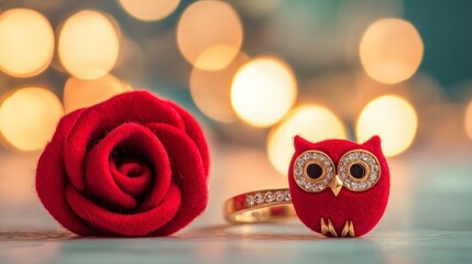 Wall Mural - A golden ring with diamonds is placed on the table, next to it lies a red rose shaped like an owl made of felt fabric. The background has a blurred effect and a dreamy atmosphere.