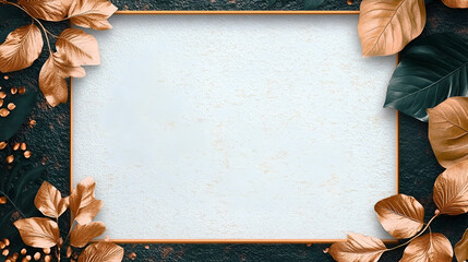 Square gold frame with metallic leaf background vecto