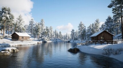 Wall Mural - Snowy river cabins winter landscape serene nature