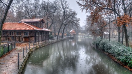 Wall Mural - Autumn canal, park building, misty scene, walkway, postcard