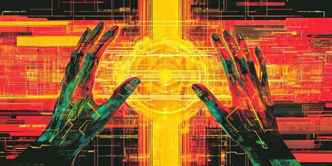 Wall Mural - stunning digital artwork showcasing vibrant hands in neon colors.