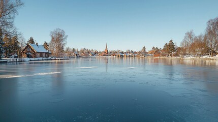 Wall Mural - Frozen lake village winter sunrise scenic postcard