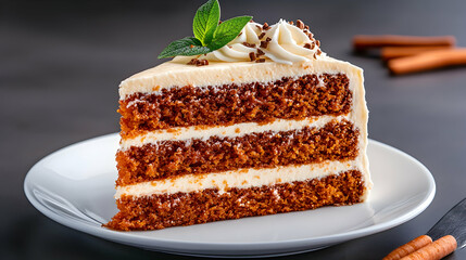 Wall Mural - Delicious three-layer spice cake slice, creamy frosting, mint garnish, cinnamon sticks background; perfect for food blogs or dessert menus