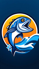 Wall Mural - leaping fish over wave, sunset background; vibrant fishing design for posters or websites