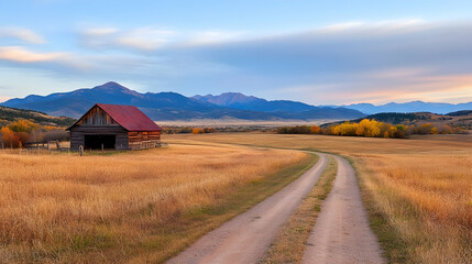 Wall Mural - Rustic barn, autumn valley road, mountain backdrop, sunset. Peaceful countryside scene, ideal for travel brochures