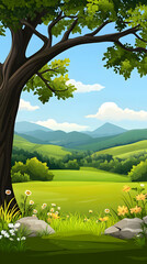 Wall Mural - Serene mountain valley landscape, lush green hills, tree framing view, idyllic summer day, perfect for travel brochures