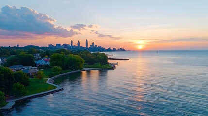 Wall Mural - Sunset over Lake Erie, cityscape skyline, tranquil residential area, golden hour