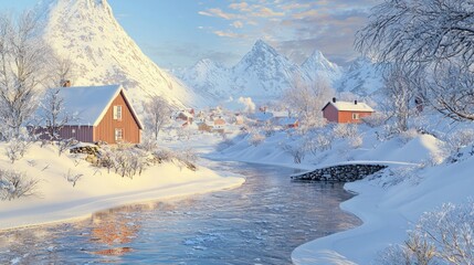 Wall Mural - Snowy village river landscape, mountains background, winter postcard