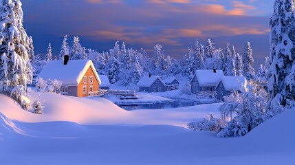 Wall Mural - Snowy village sunset, winter wonderland, calm lake, postcard