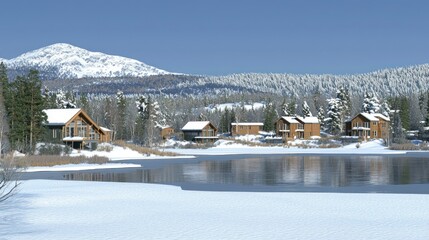 Wall Mural - Snowy mountain lake cabins winter resort landscape