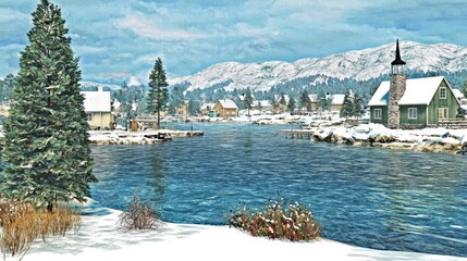 Wall Mural - Snowy village winter river scene, mountains background, postcard
