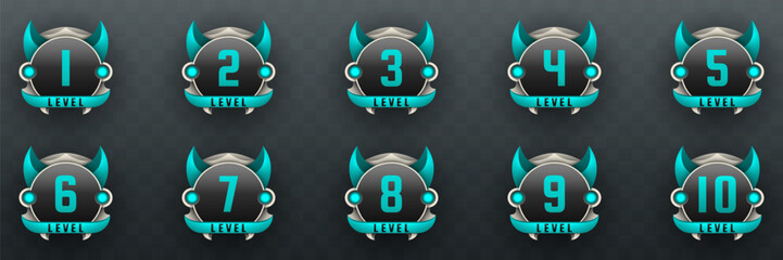 Wall Mural - game level up badges in black, silver and teal color-themed for game ui designs