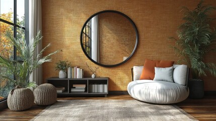 Wall Mural - Interior room with plants, mirror, and chair by window, with autumn foliage view