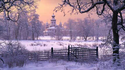 Wall Mural - Winter sunrise, snow-covered church, park, frosty trees, gate
