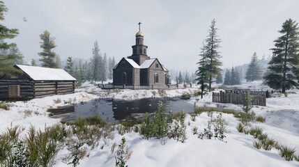 Wall Mural - Snowy Russian church, winter village, frozen pond, game background