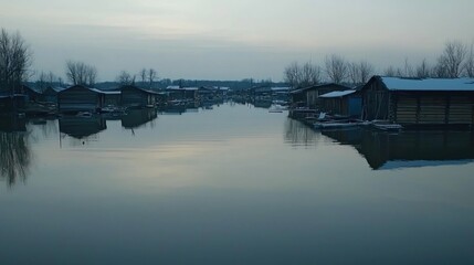 Wall Mural - Winter lake houses reflection tranquil sunrise landscape