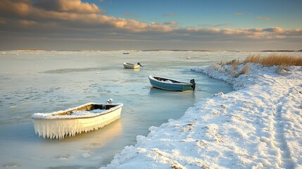 Wall Mural - Frozen winter boats, icy shoreline, sunset sky, tranquil scene, postcard