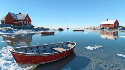 Wall Mural - Red boat, icy fjord, snowy houses, calm sea, winter