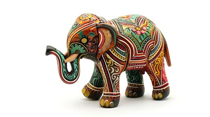 A colorful wooden elephant figurine intricately carved with detailed patterns, isolated on a clean white background.