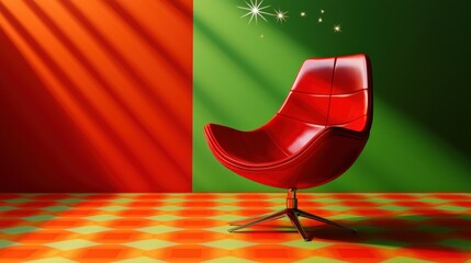 Wall Mural - stylish modern red chair on colorful geometric floor with bright green and orange walls, vibrant int