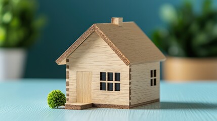 Poster - wooden model of a house with trees on a desk showcasing interior design ideas in a serene atmosphere