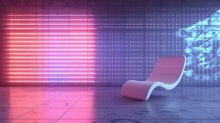 Wall Mural - modern lounge chair in futuristic room with bright led wall and abstract light design illuminating t