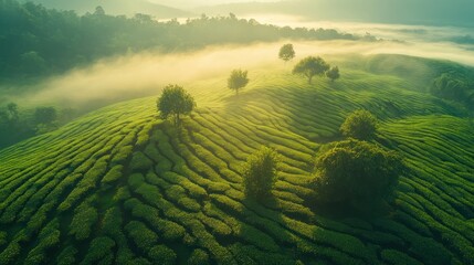 Poster - Misty sunrise over rolling green tea plantation.