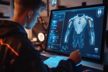 focused teenager draws clothes for game character using 3d modeling program. boy with digital pencil
