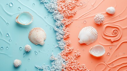 Wall Mural - vibrant ocean shells and coral textures on soft pastel background with water drops for coastal decor