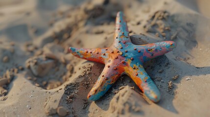 A tiny wooden starfish painted in vibrant ocean colors, isolated on a sandy-textured surface.