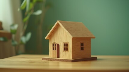Wall Mural - wooden model house on a table with green background symbolizing home and comfort in minimalist desig