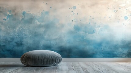 Wall Mural - modern minimalist interior with soft round cushion against artistic blue and beige wall decor