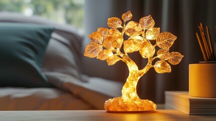 Wall Mural - Illuminated tree light on a table; bedroom in background; used as decoration