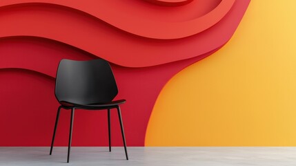 Wall Mural - Modern Black Chair in Front of Vibrant Red and Yellow Abstract Wall Design with Fluid Shapes and Textures