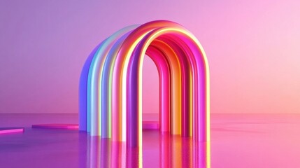 Wall Mural - a glowing arc light structure radiates vivid colors, reflecting on a calm surface during the twiligh