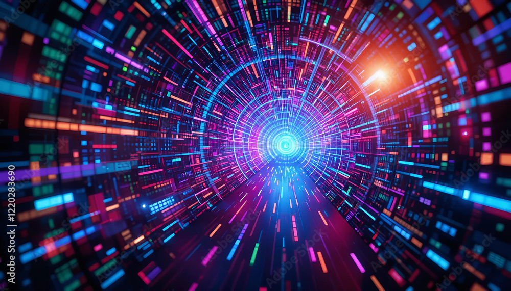 Abstract futuristic tunnel with glowing lights, flying binary code, and ...
