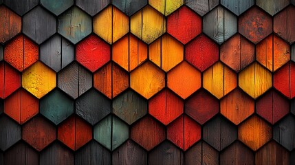 Wall Mural - Colorful hexagonal wooden tiles creating a vibrant wall