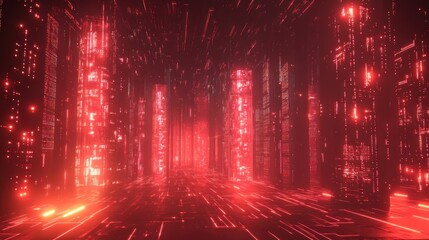 Wall Mural - Red digital city, glowing lines, data stream, futuristic background, tech concept