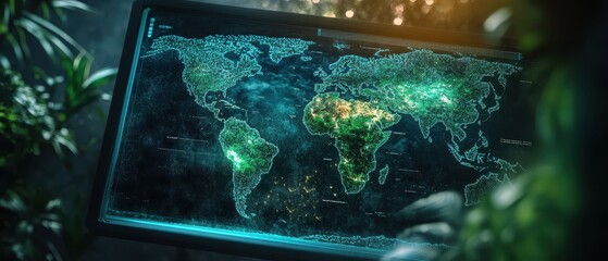 Canvas Print - Sustainable Harmony Concept. A glowing world map displayed on a screen, surrounded by lush greenery, suggesting themes of exploration and technology.