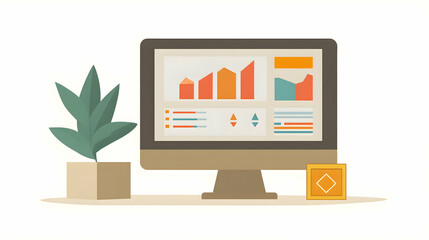 Wall Mural - Minimalist vector dashboard illustration with graphs, a plant, and a wooden block on a white desk