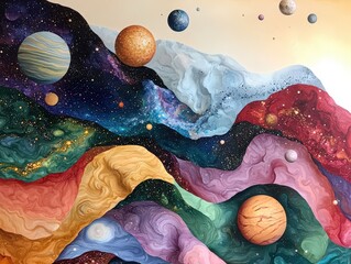 Wall Mural - vibrant abstract cosmic landscape with colorful planets and swirling textures in deep space imagery