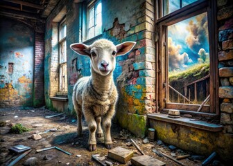 Wall Mural - Urban exploration captures Little Lamb graffiti's vibrant defiance amidst an abandoned building's decay, a striking cityscape backdrop.